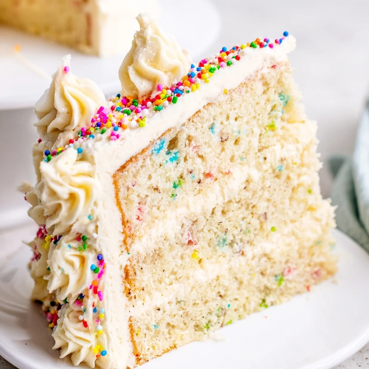 Golden vanilla bean birthday cake layered with fluffy buttercream frosting and topped with colorful sprinkles.
