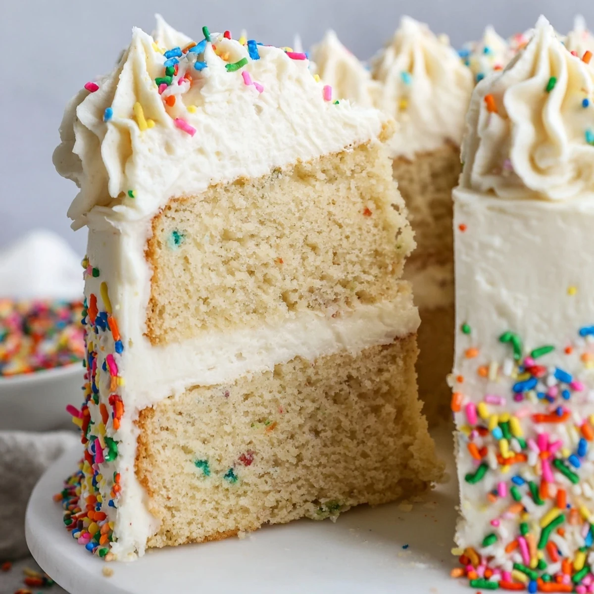 Two round tiers of homemade vanilla bean birthday cake with rich buttercream and elegant decorations.