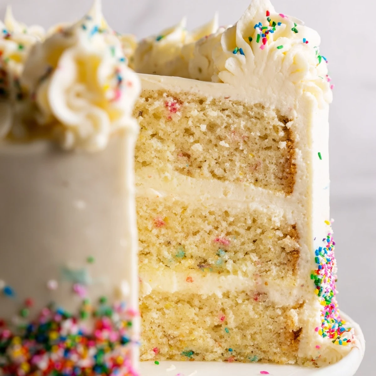 Slice of tender vanilla bean birthday cake showing creamy buttercream layers between golden vanilla-flecked crumb.
