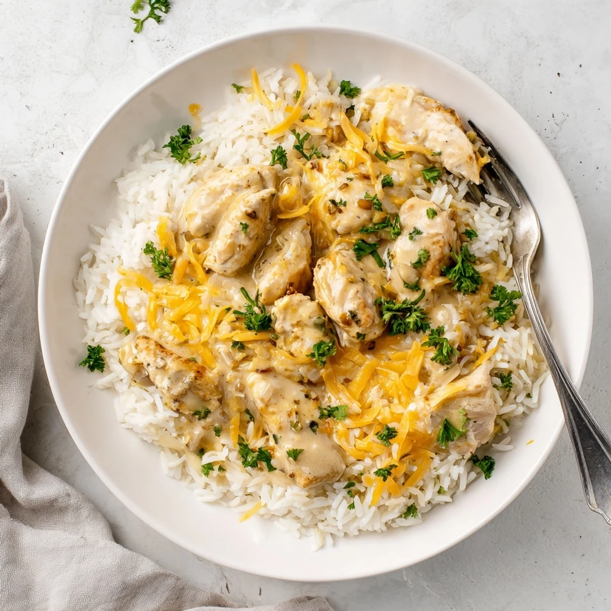 One-pan creamy smothered chicken and rice bubbling with melted cheese and fresh parsley