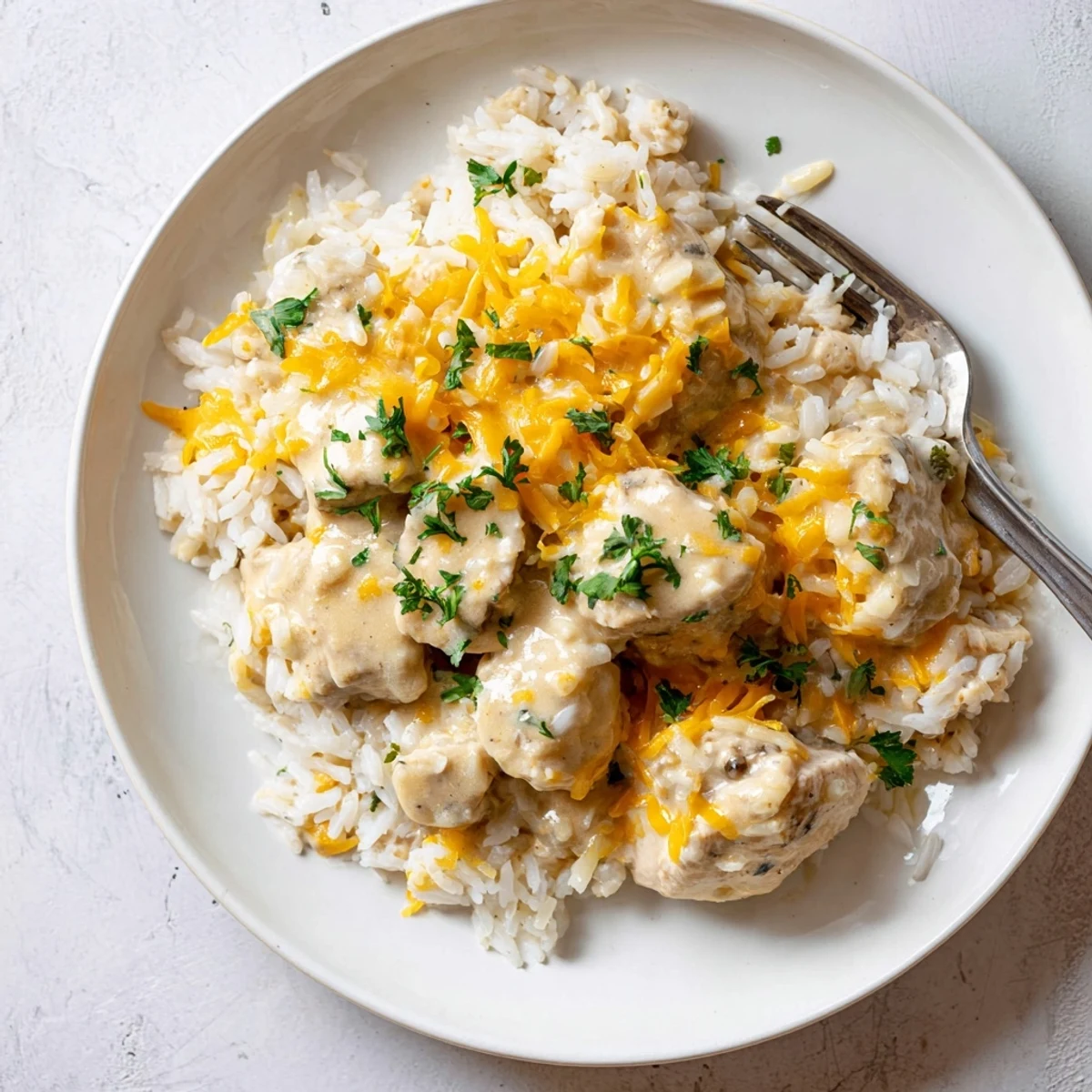 Tender chicken smothered in rich creamy sauce over perfectly cooked white rice