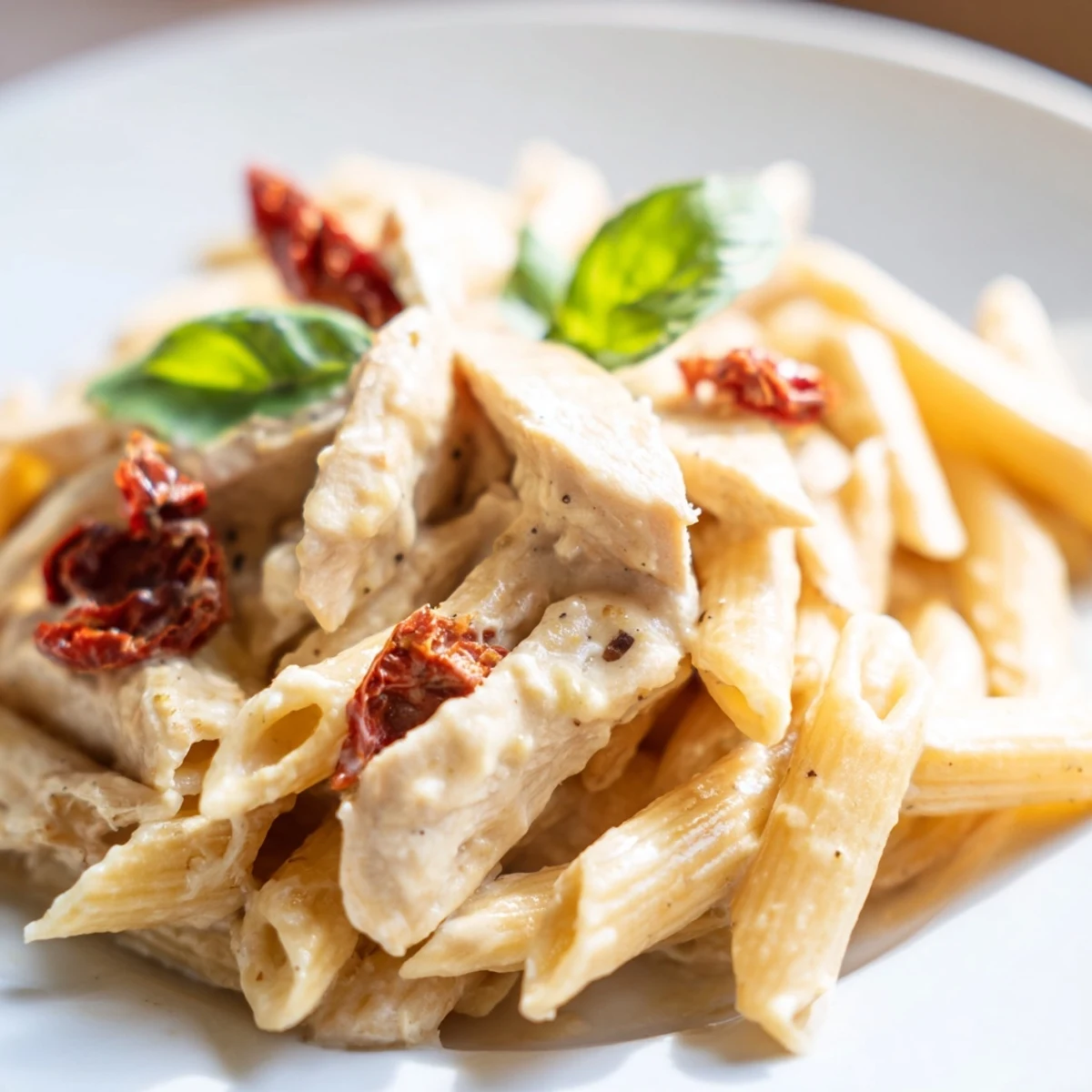 Creamy Marry Me Chicken Pasta tossed with sun-dried tomatoes and tender sliced chicken breast in a rich garlic Parmesan sauce