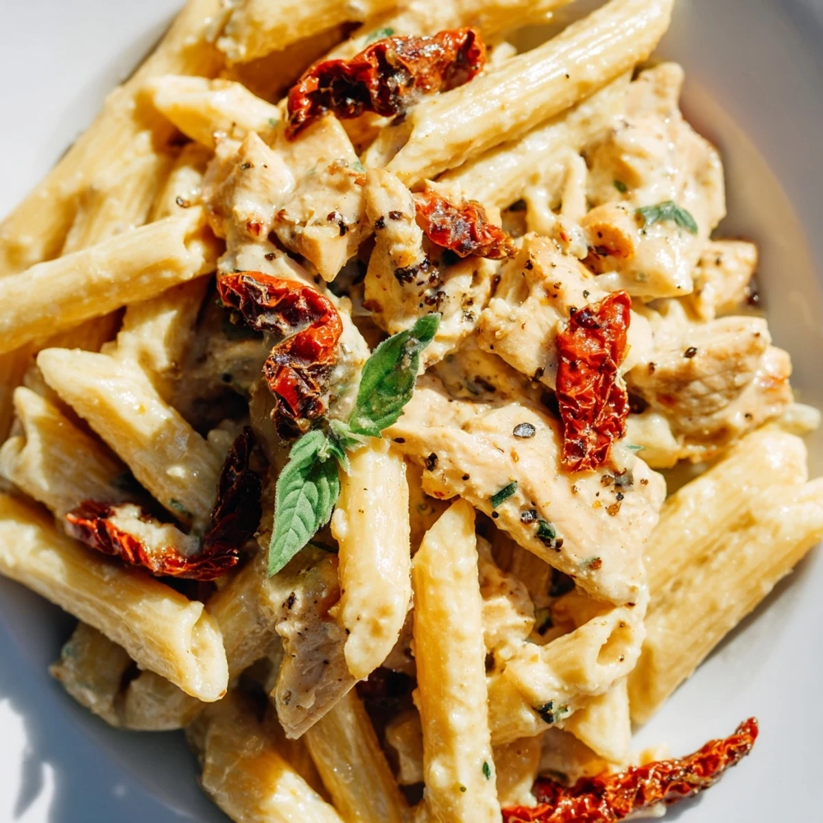 Golden pan-seared chicken pieces served over penne pasta coated in a luscious cream sauce with sun-dried tomatoes and fresh basil