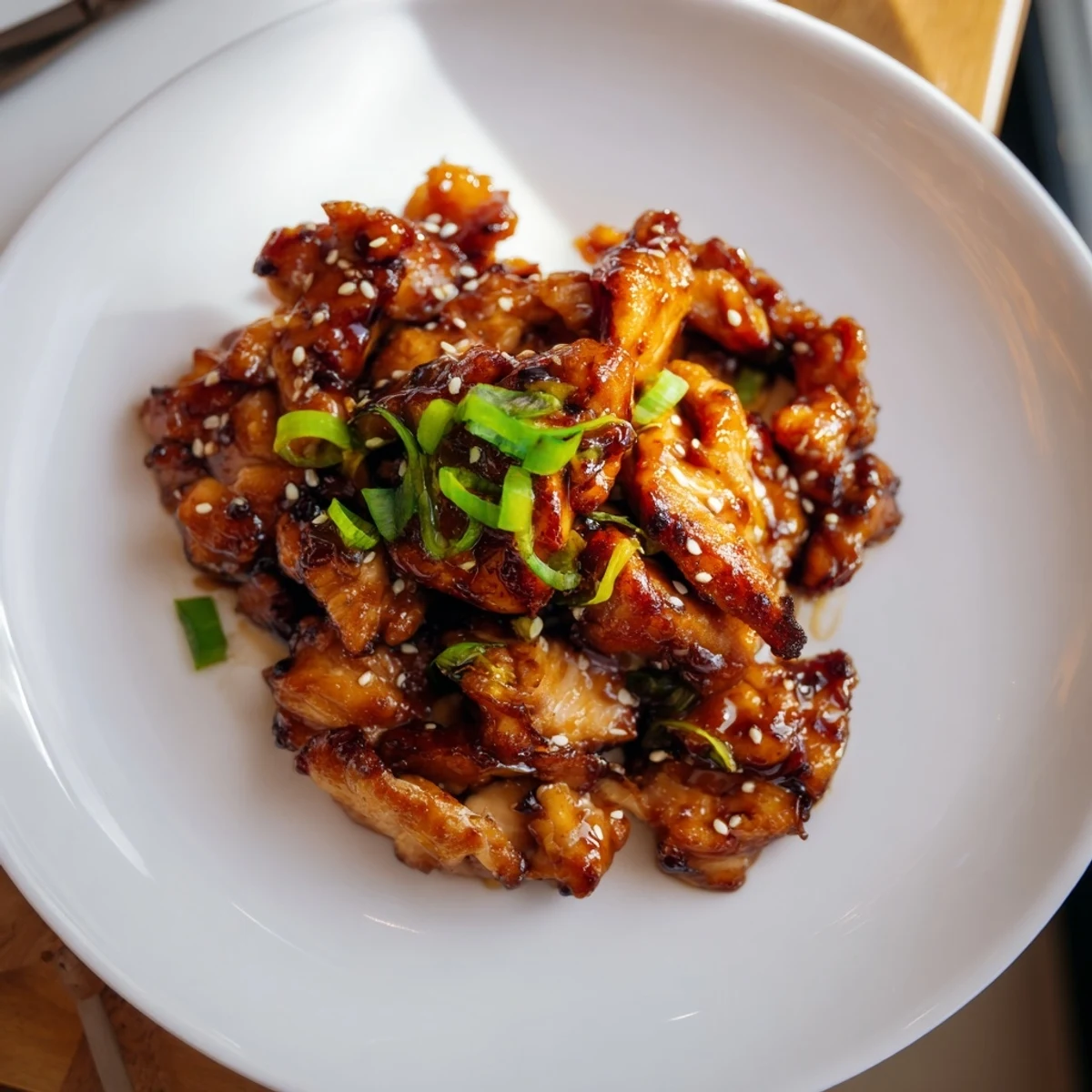 Tender shredded Crockpot Teriyaki Chicken coated in sweet sticky teriyaki glaze with sesame seeds