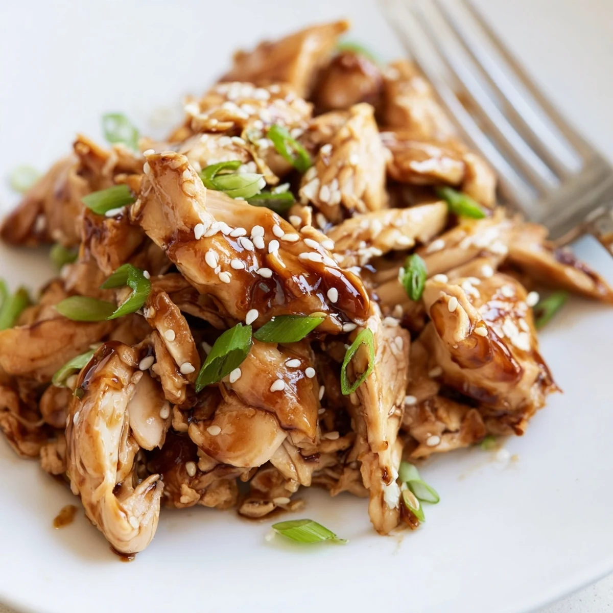 Weeknight dinner of Crockpot Teriyaki Chicken garnished with fresh green onions and toasted sesame