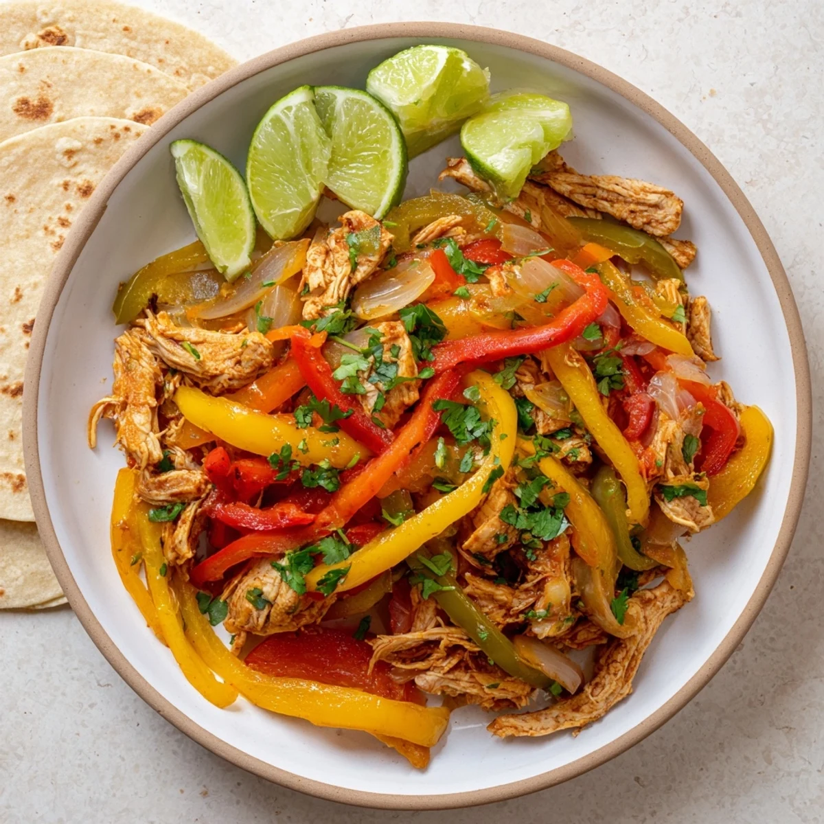 Colorful slow cooker chicken fajitas with tender meat and vibrant bell peppers in a serving bowl.