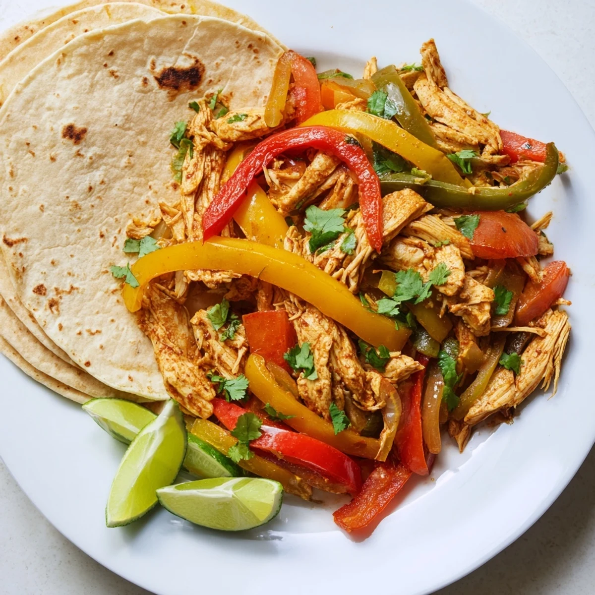 Savory shredded easy Crockpot Chicken Fajitas piled high with fresh cilantro and lime wedges.