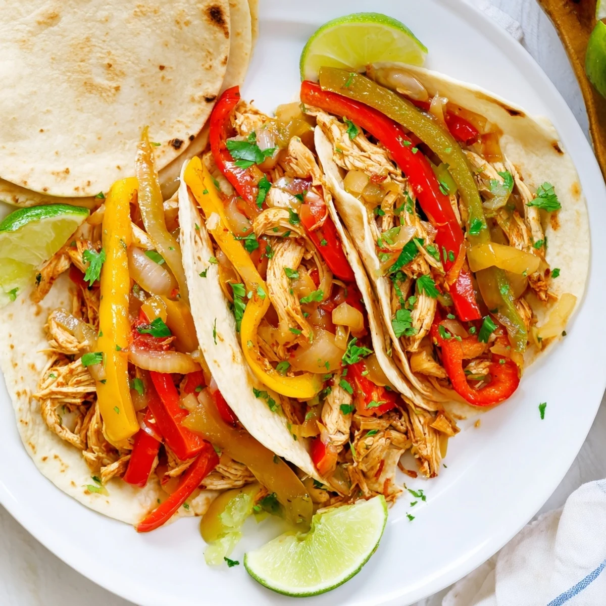 Warm tortillas filled with juicy slow-cooked chicken fajitas topped with melted cheese and creamy sour cream.
