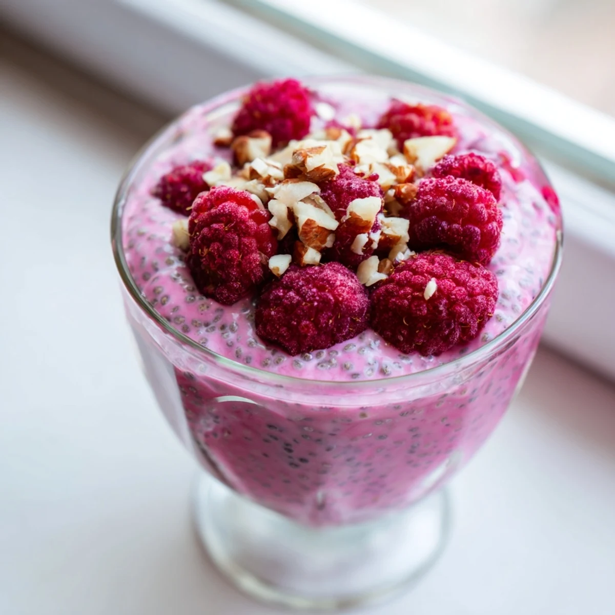Creamy raspberry chia pudding topped with fresh berries and mint in glass jars