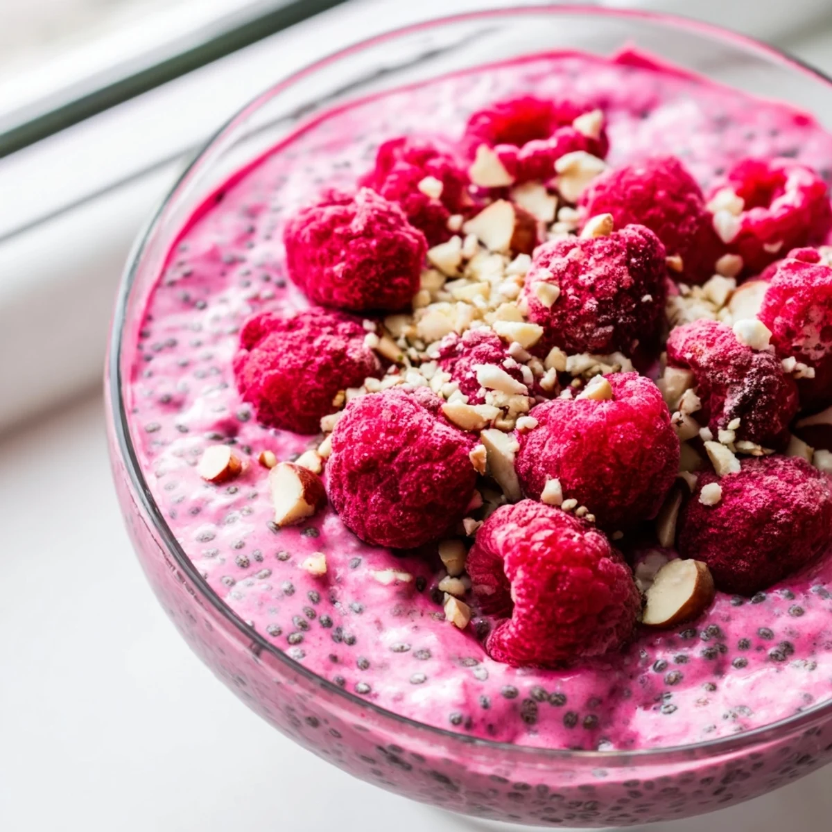 Vibrant pink chia seed pudding with raspberries and crunchy granola for breakfast