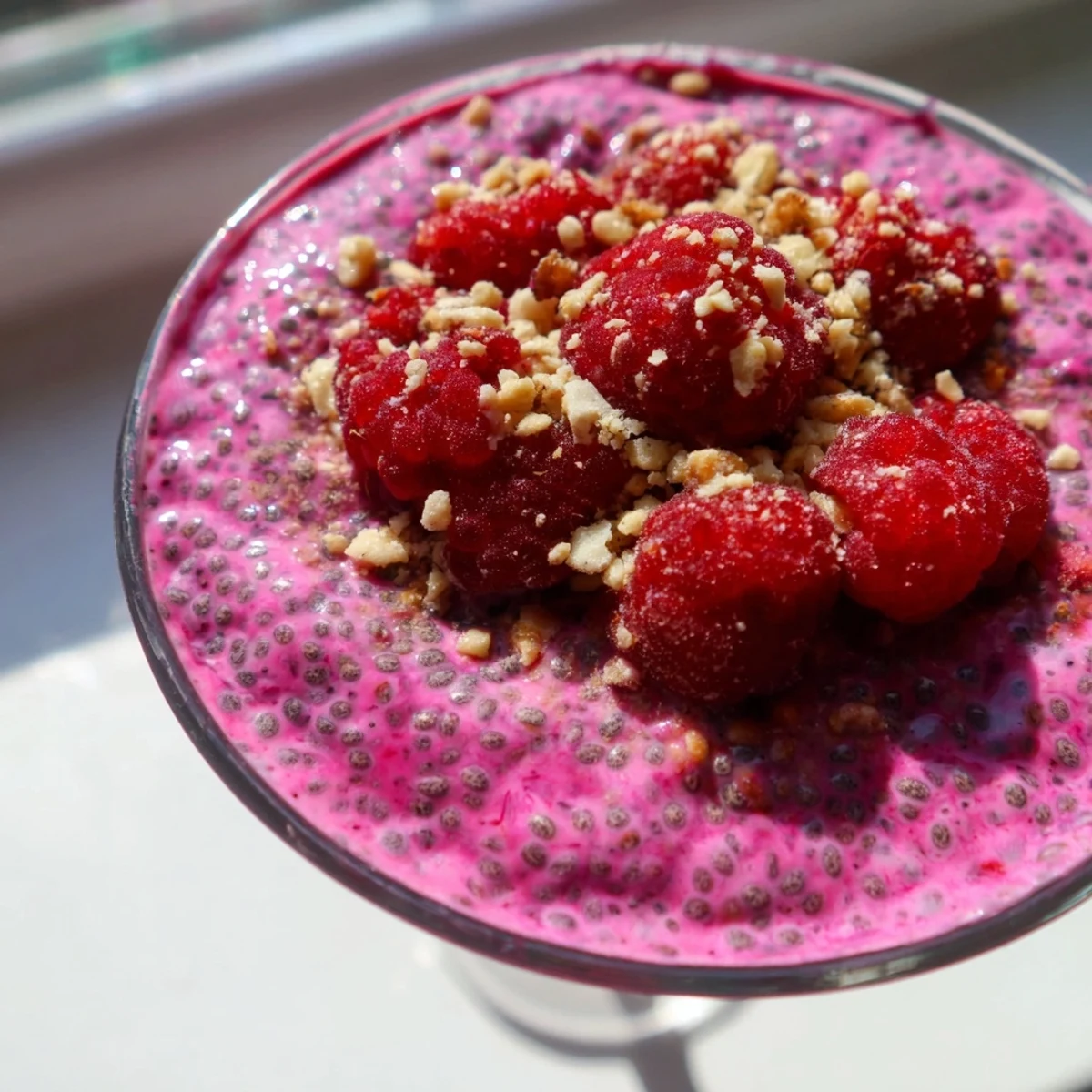 Thick raspberry chia pudding layered with fresh fruit and chopped nuts for dessert
