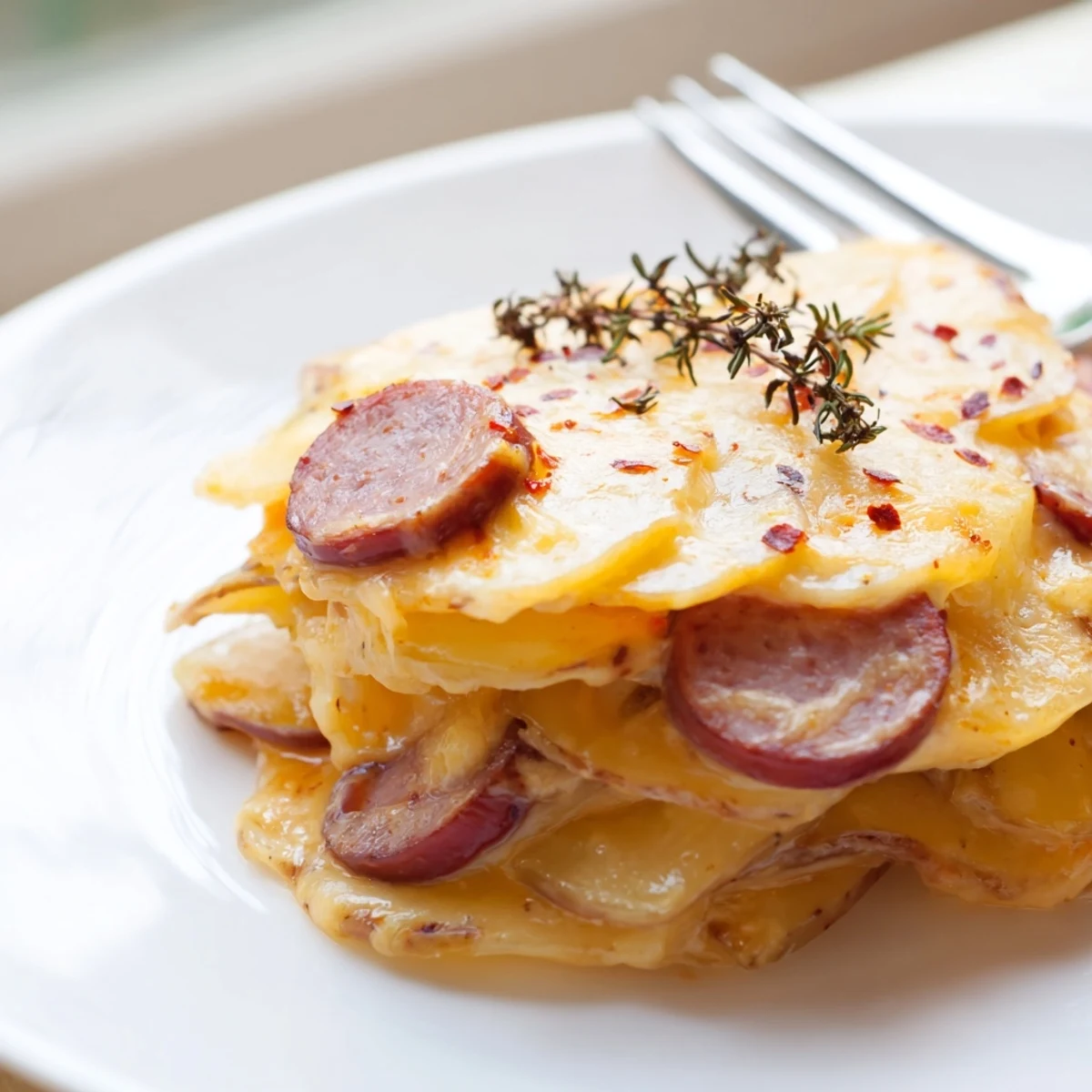 Golden slow cooker scalloped potatoes with kielbasa layered in creamy melted cheddar cheese sauce