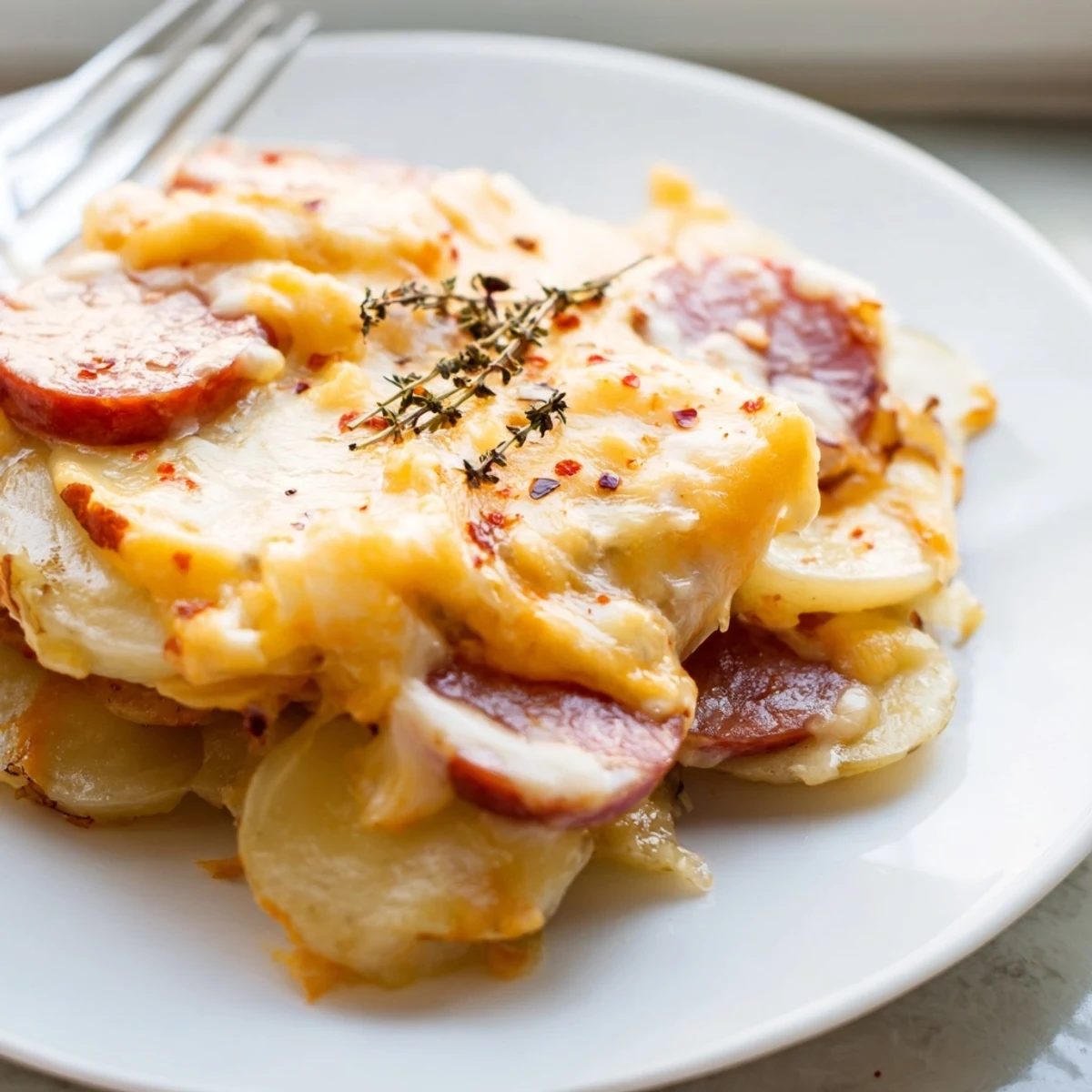 Tender sliced potatoes and smoky kielbasa bubbling in rich cheese sauce in a slow cooker