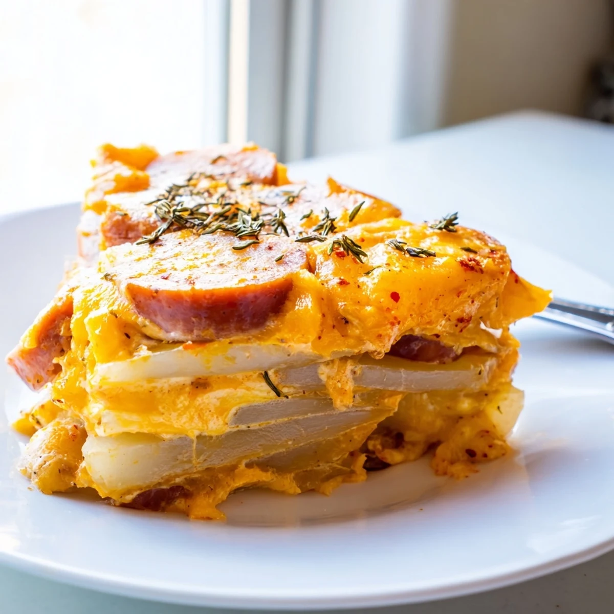Hearty comfort food of scalloped potatoes with kielbasa topped with melted cheddar and fresh thyme