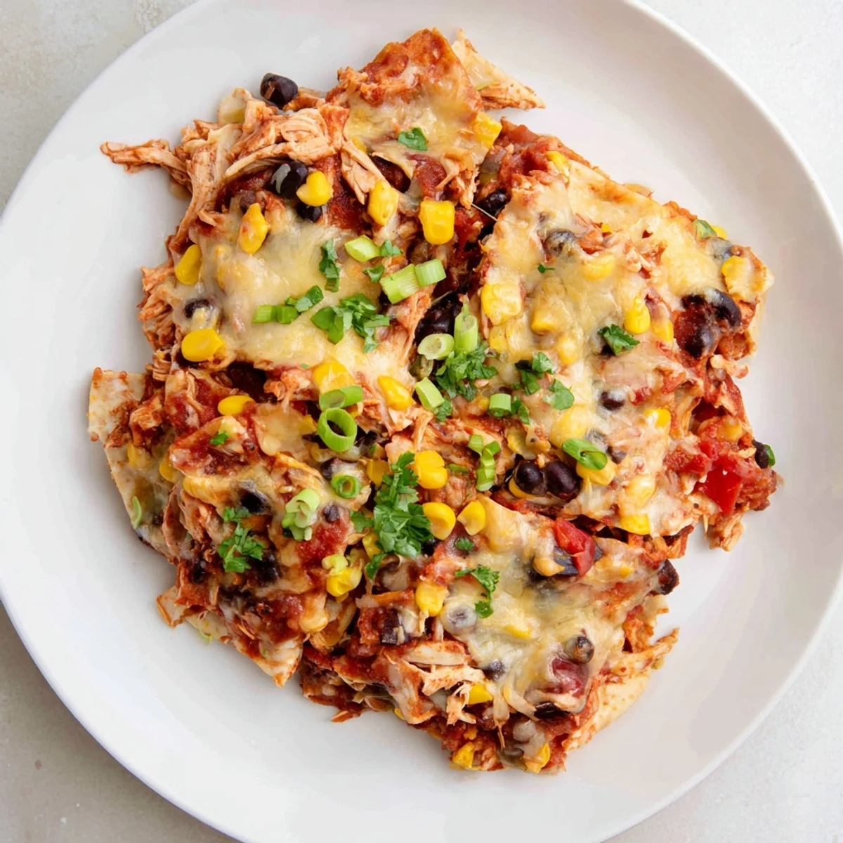 Golden chicken enchilada casserole layered with melted cheese, corn tortillas, and colorful vegetables in a slow cooker