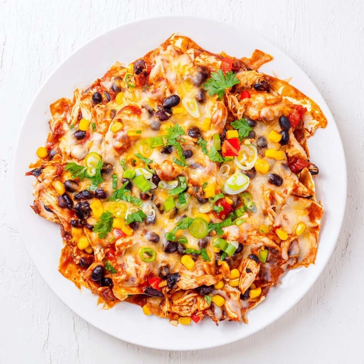 Hearty Crockpot chicken enchilada casserole topped with shredded Mexican cheese and garnished with fresh cilantro and green onions