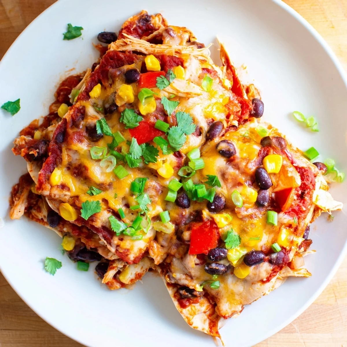 Spoonful of tender slow cooker chicken enchilada casserole showing layered tortillas, beans, corn, and bubbling cheese sauce