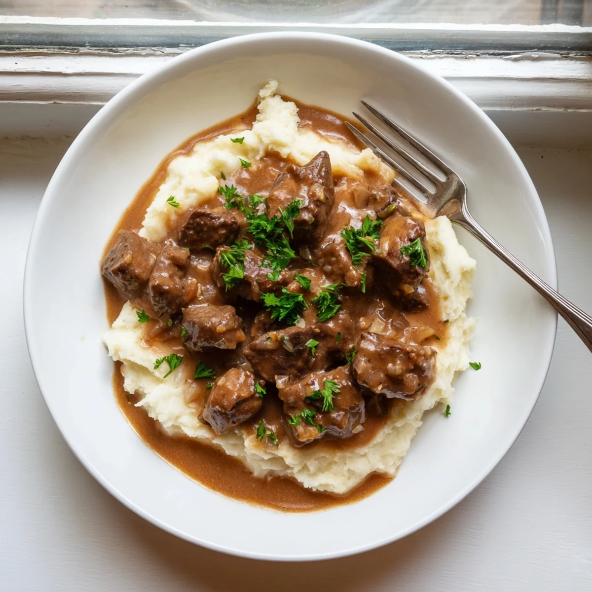 Fork-tender beef tips coated in savory gravy ready to serve over steaming white rice
