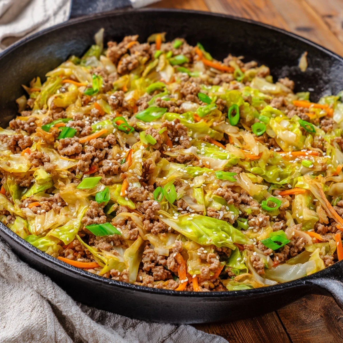 Savory keto egg roll in a bowl featuring seasoned ground pork with crisp cabbage and shredded carrots in a large skillet