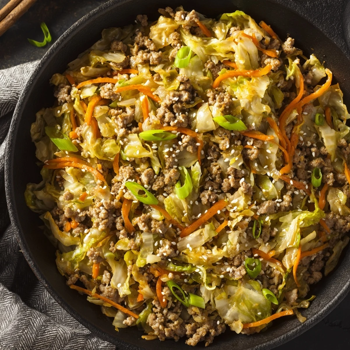 Sizzling low-carb egg roll in a bowl plated hot with sesame seed garnish and fresh green onion sprinkles atop tender pork and veggies