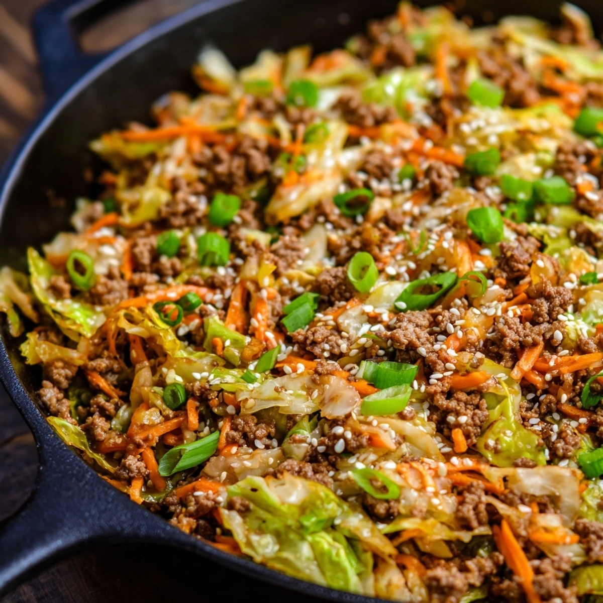 One skillet egg roll in a bowl recipe showcasing browned pork stir-fried with colorful vegetables and aromatic sesame ginger flavors