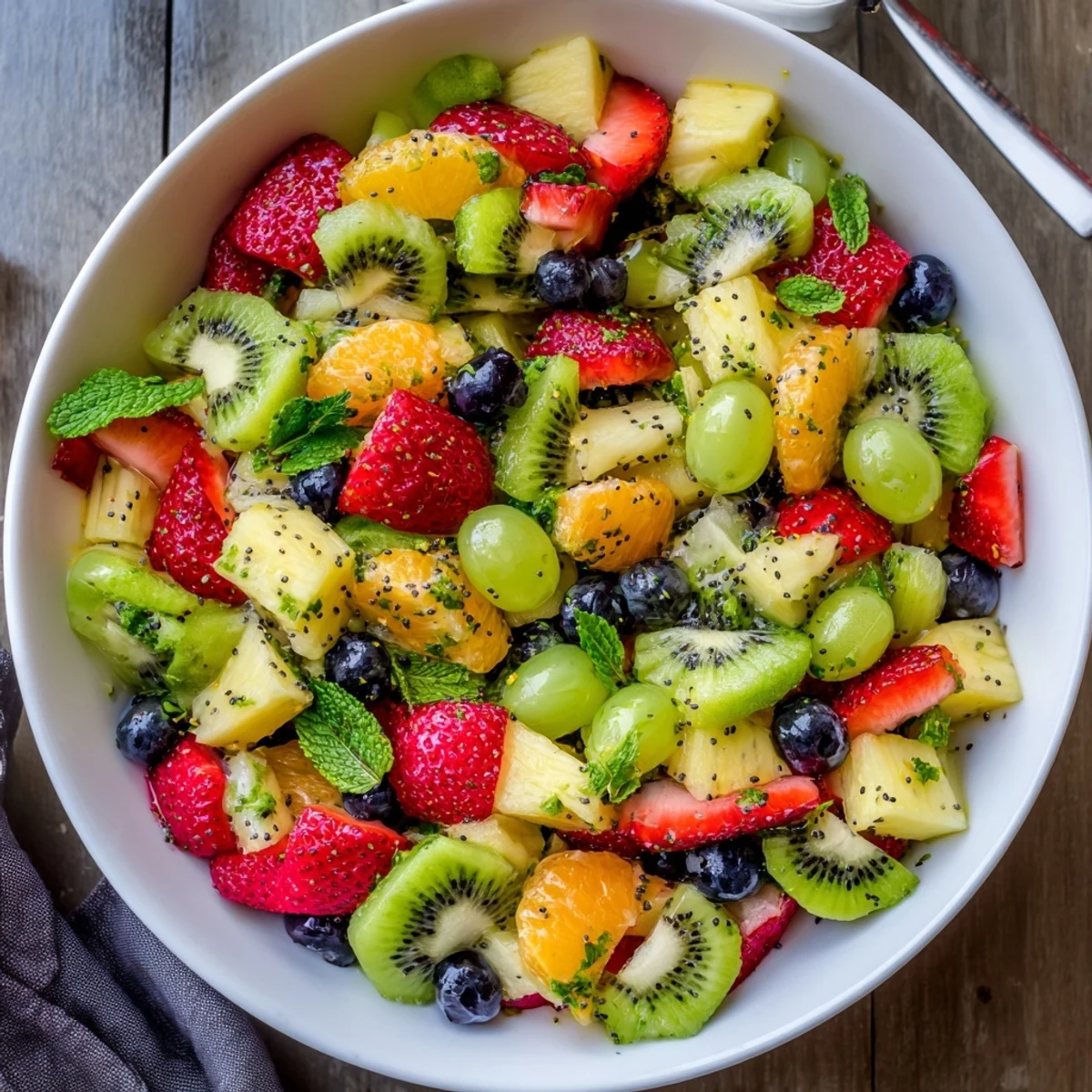 Colorful Easter fruit salad bowl overflowing with fresh strawberries, kiwi, blueberries, and mint garnish