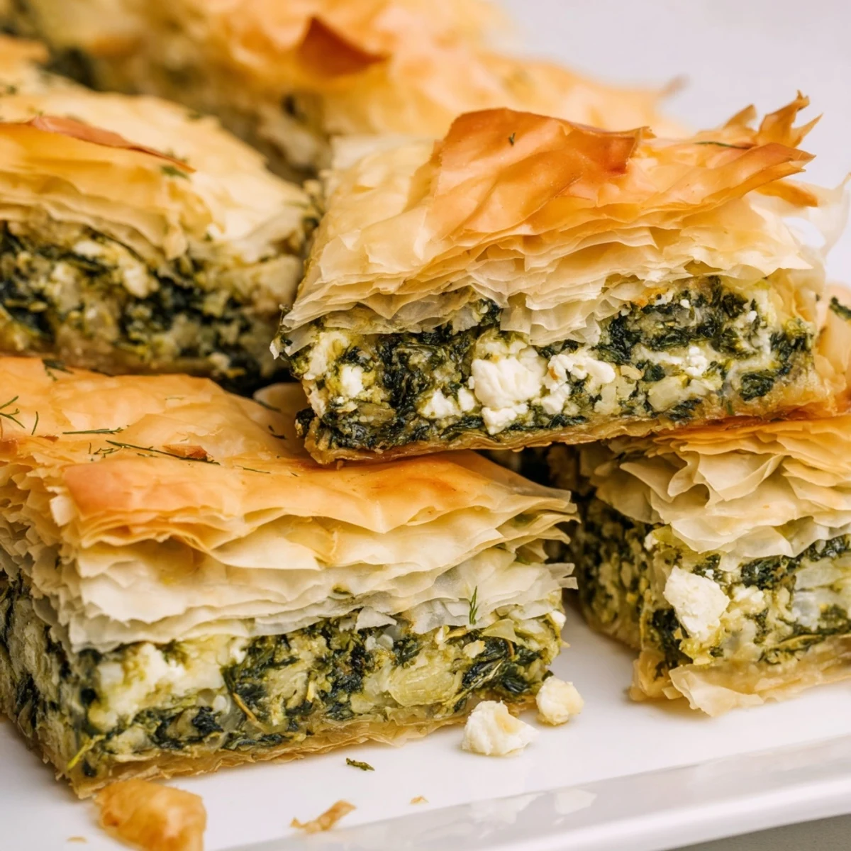 Golden authentic Greek spanakopita with flaky phyllo layers and spinach feta filling