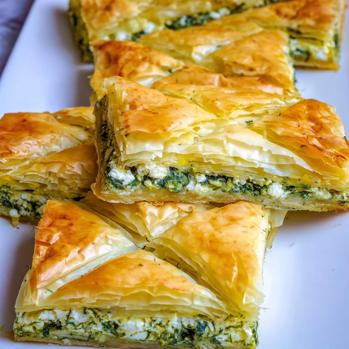 Crispy authentic Greek spanakopita sliced into squares served on white platter