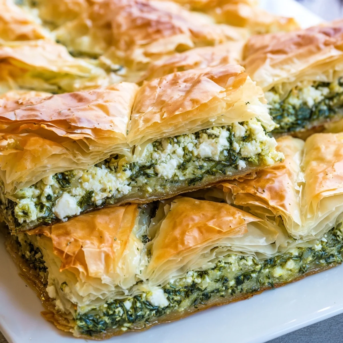 Baked authentic Greek spanakopita pie showing golden brown phyllo and green spinach interior