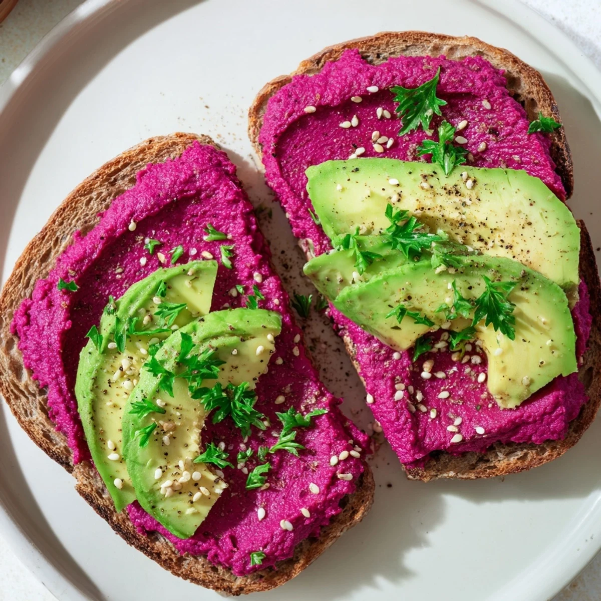 Golden avocado beet hummus toast with creamy spread and garnishes on rustic bread
