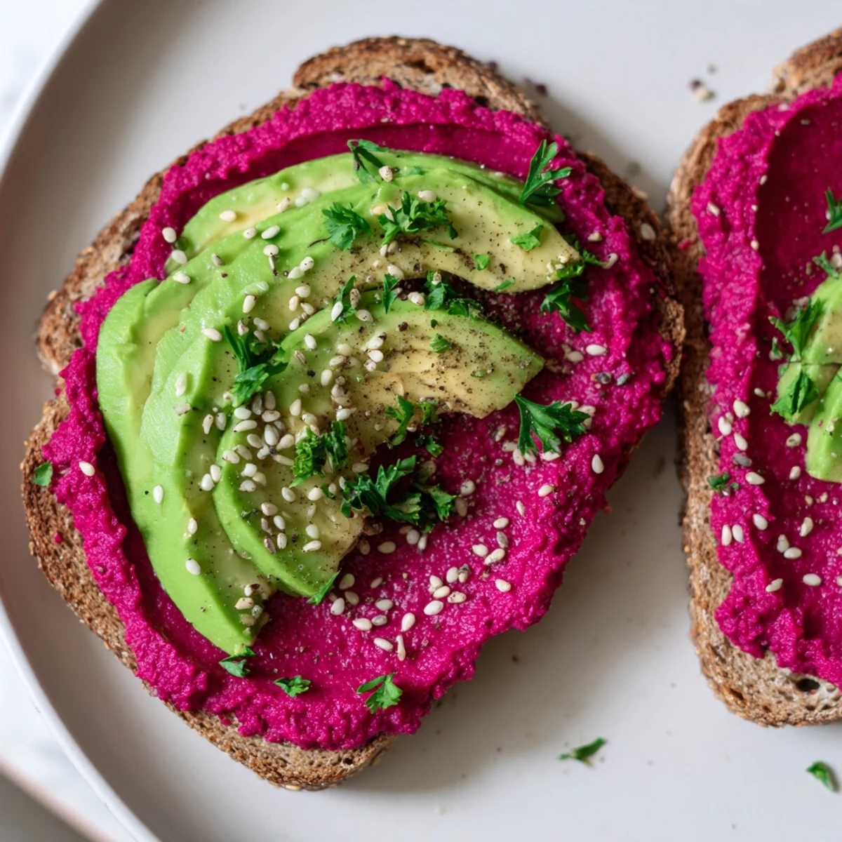 Mediterranean avocado beet hummus toast piled high with ripe avocado and crunchy seeds
