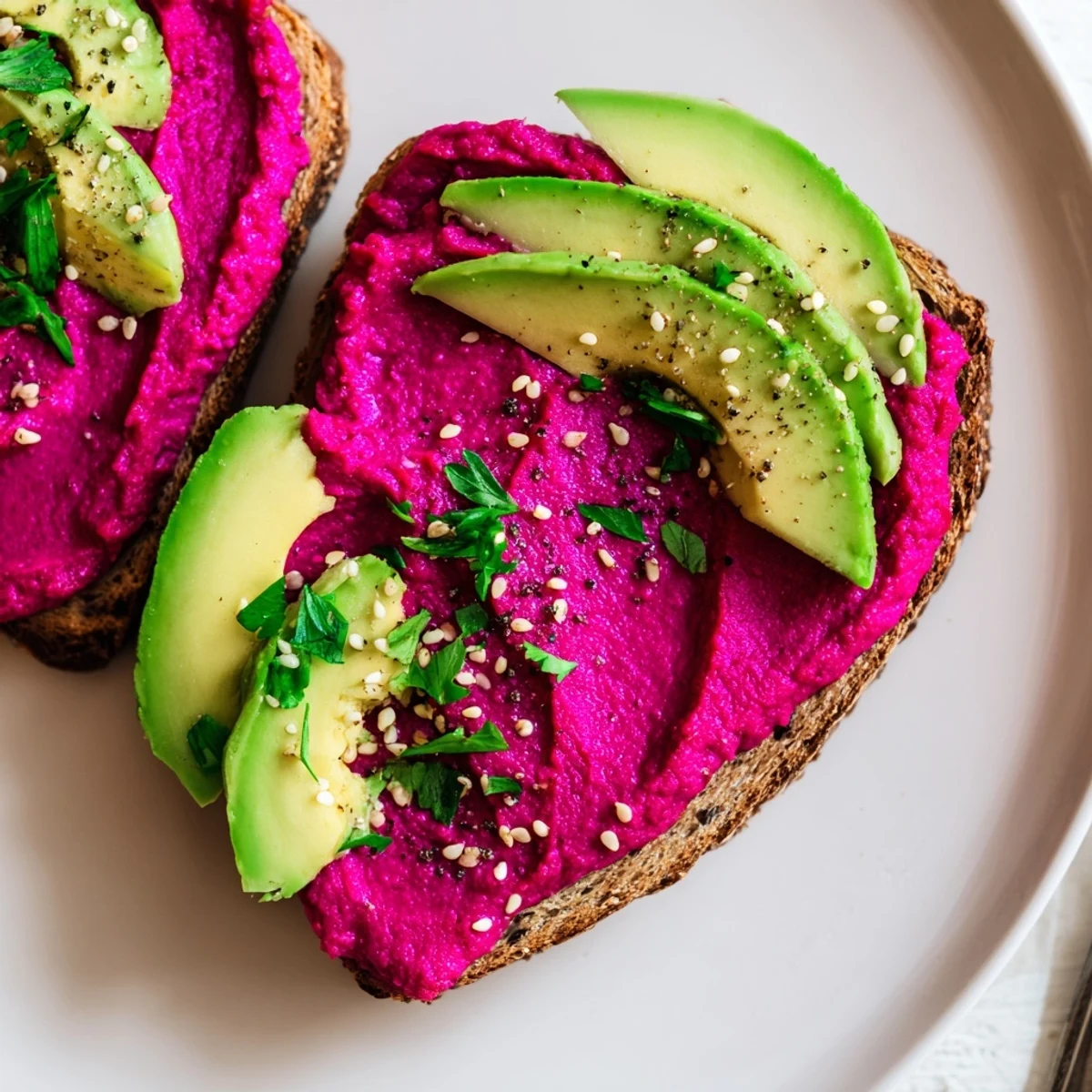 Open-faced avocado beet hummus toast featuring vibrant pink layers and fresh green slices