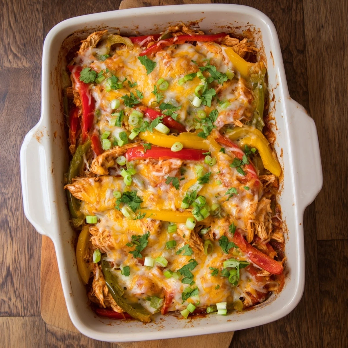 Baked cheesy chicken fajita casserole featuring juicy chicken peppers and onions topped with golden melted Mexican cheese