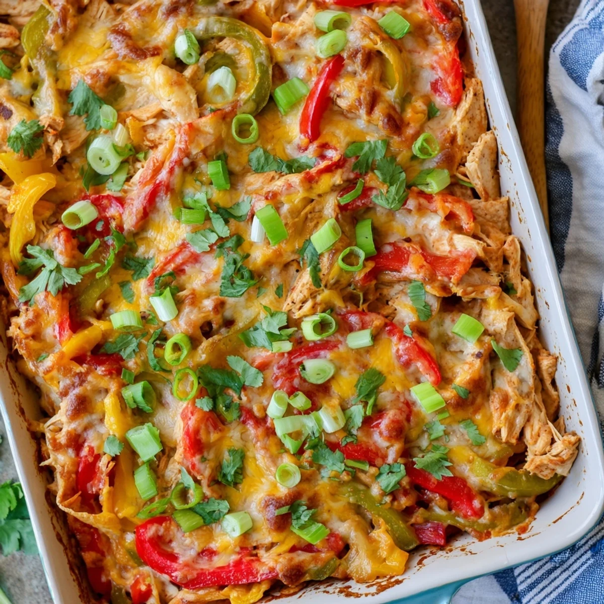Golden bubbly cheesy chicken fajita casserole with melted cheese over tender chicken and colorful bell peppers