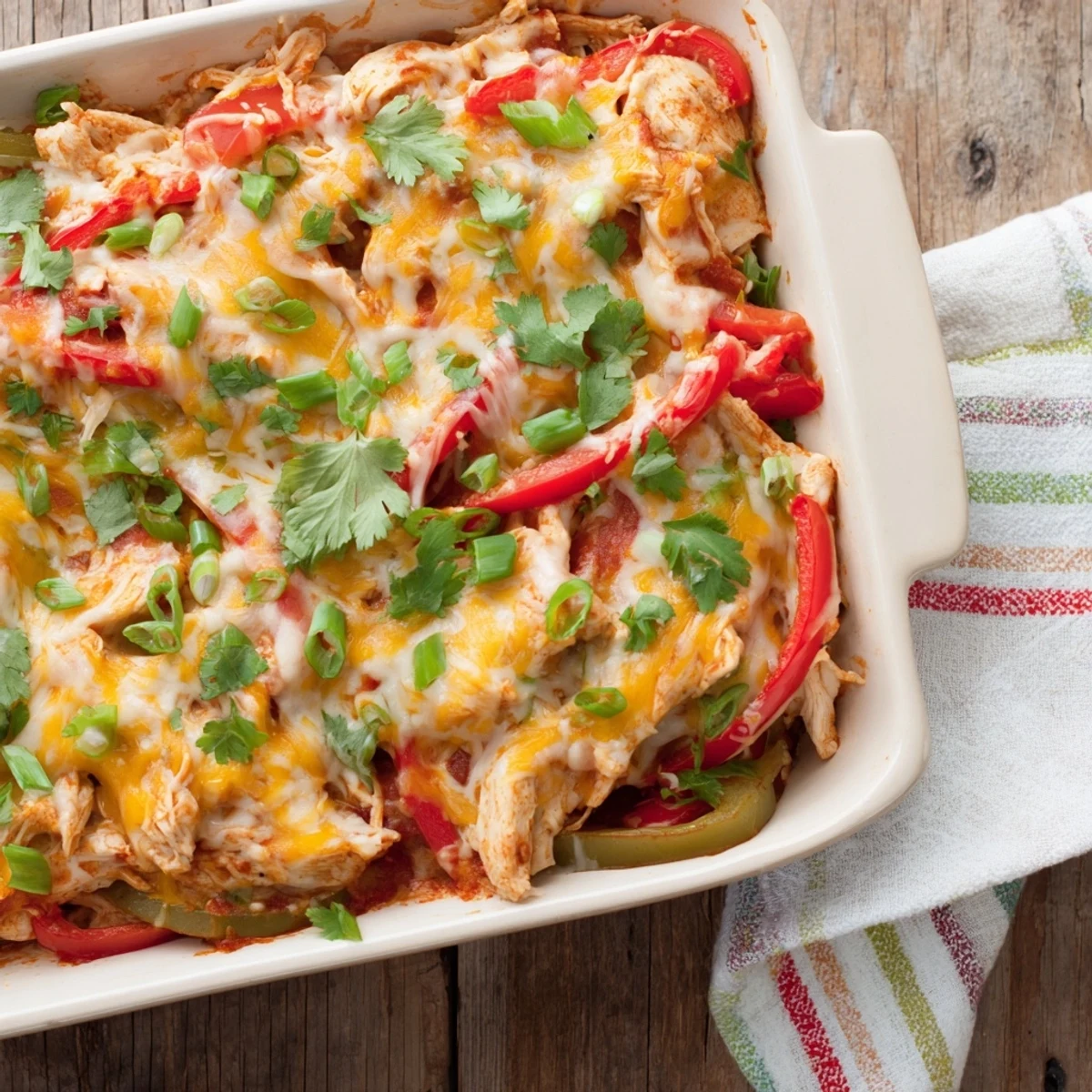Hearty cheesy chicken fajita casserole fresh from the oven with vibrant bell peppers and gooey cheese topping