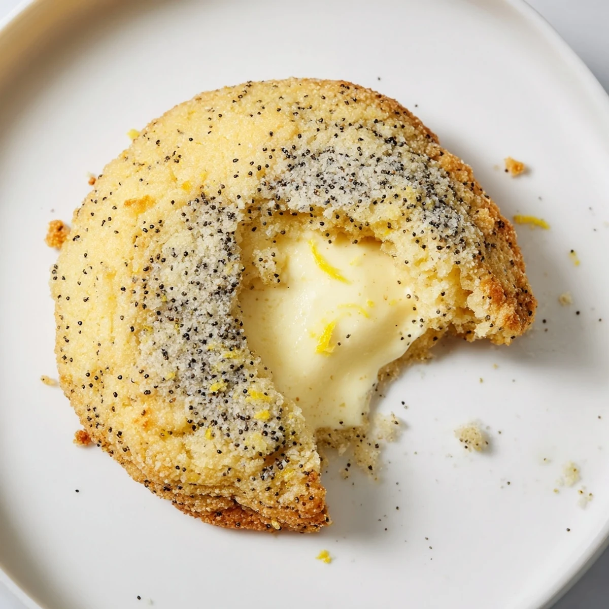 Golden lemon poppy seed cheesecake cookies with creamy centers and sugar-coated edges