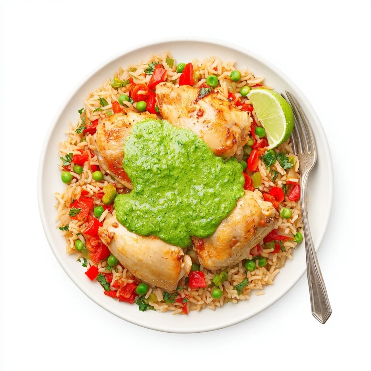 Golden Peruvian chicken rice topped with vibrant green cilantro sauce and lime wedges
