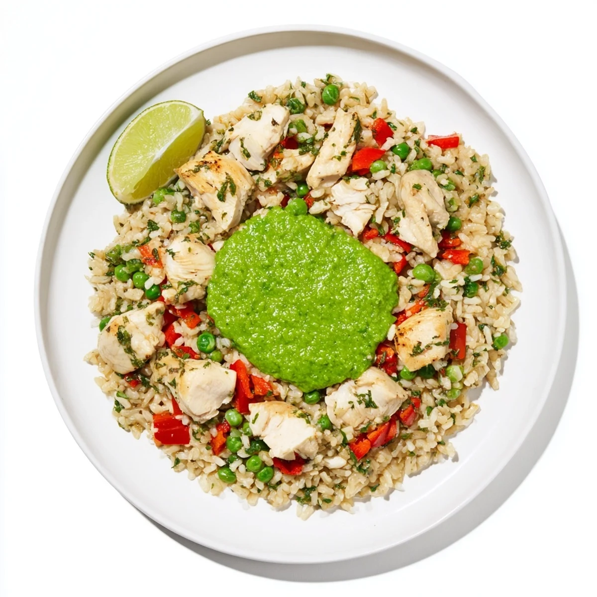 Comforting bowl of juicy Peruvian chicken and rice drizzled with zesty herbaceous green sauce