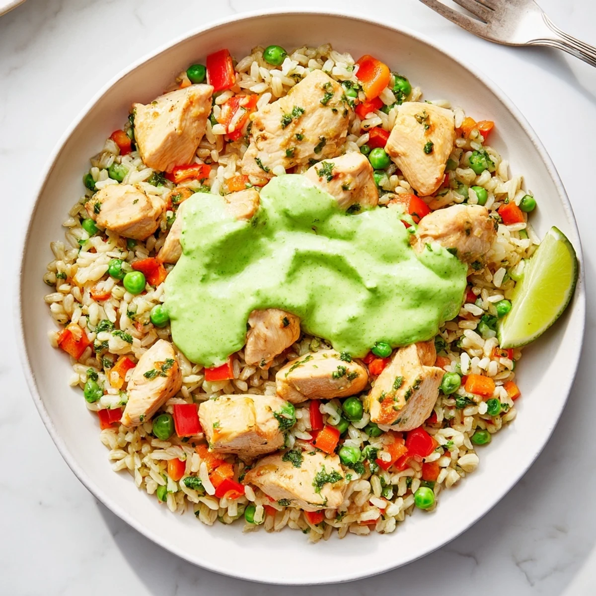 Steaming plate of cumin spiced Peruvian chicken rice with creamy aji verde and lime