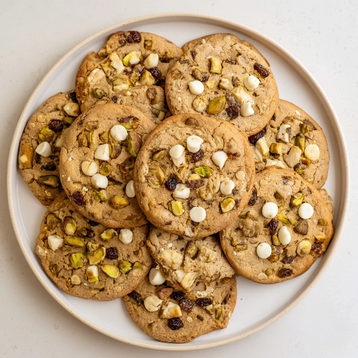 Golden brown Dubai chewy cookie studded with green pistachios and dark chopped dates