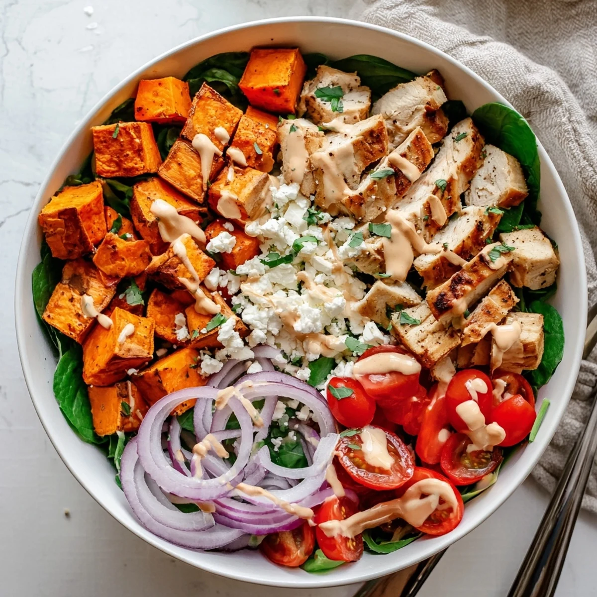 Golden maple glazed chicken slices atop roasted sweet potato cubes with fresh spinach and tangy Dijon dressing in a wholesome grain bowl.