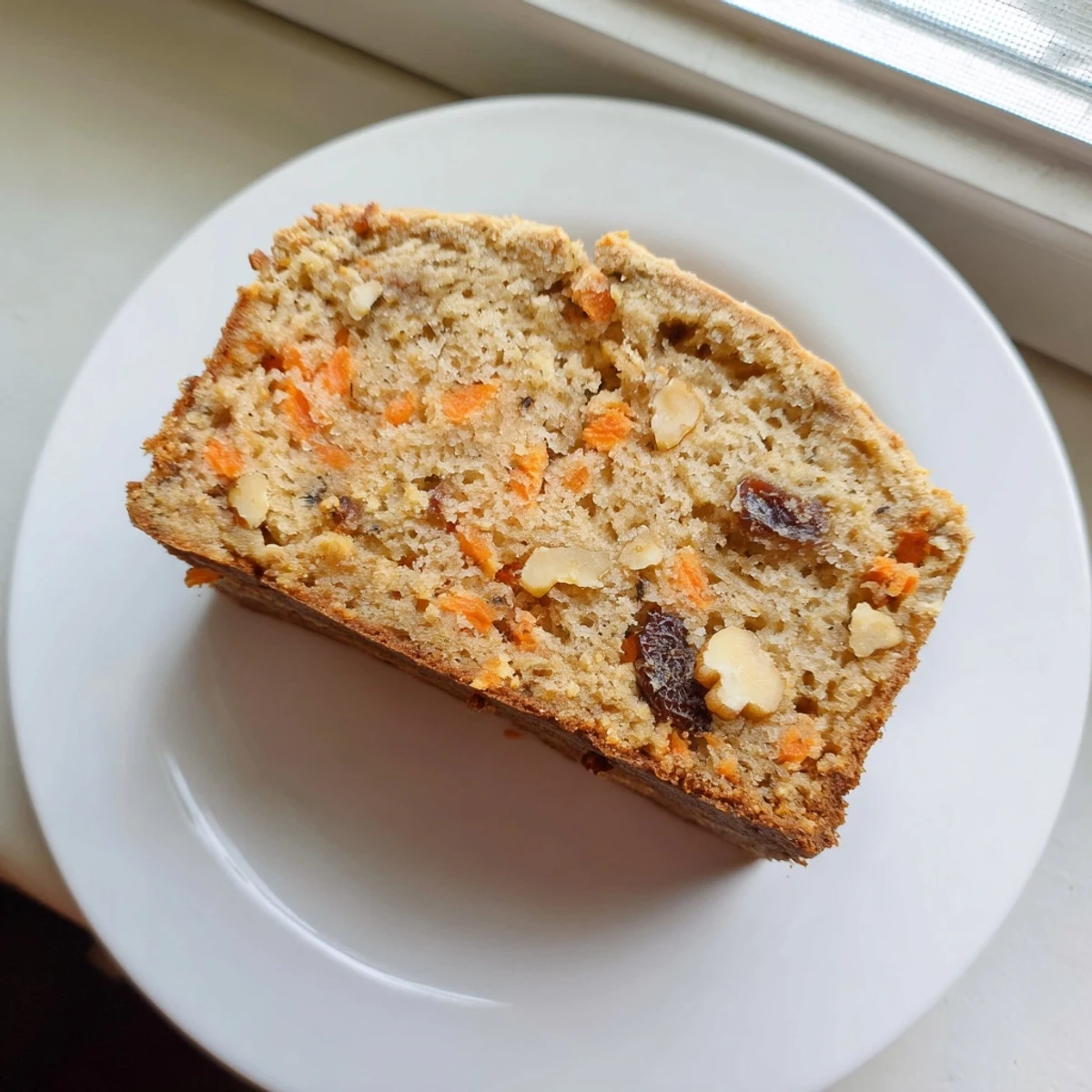 Moist slice of carrot cake banana bread topped with chopped walnuts on a rustic wooden board
