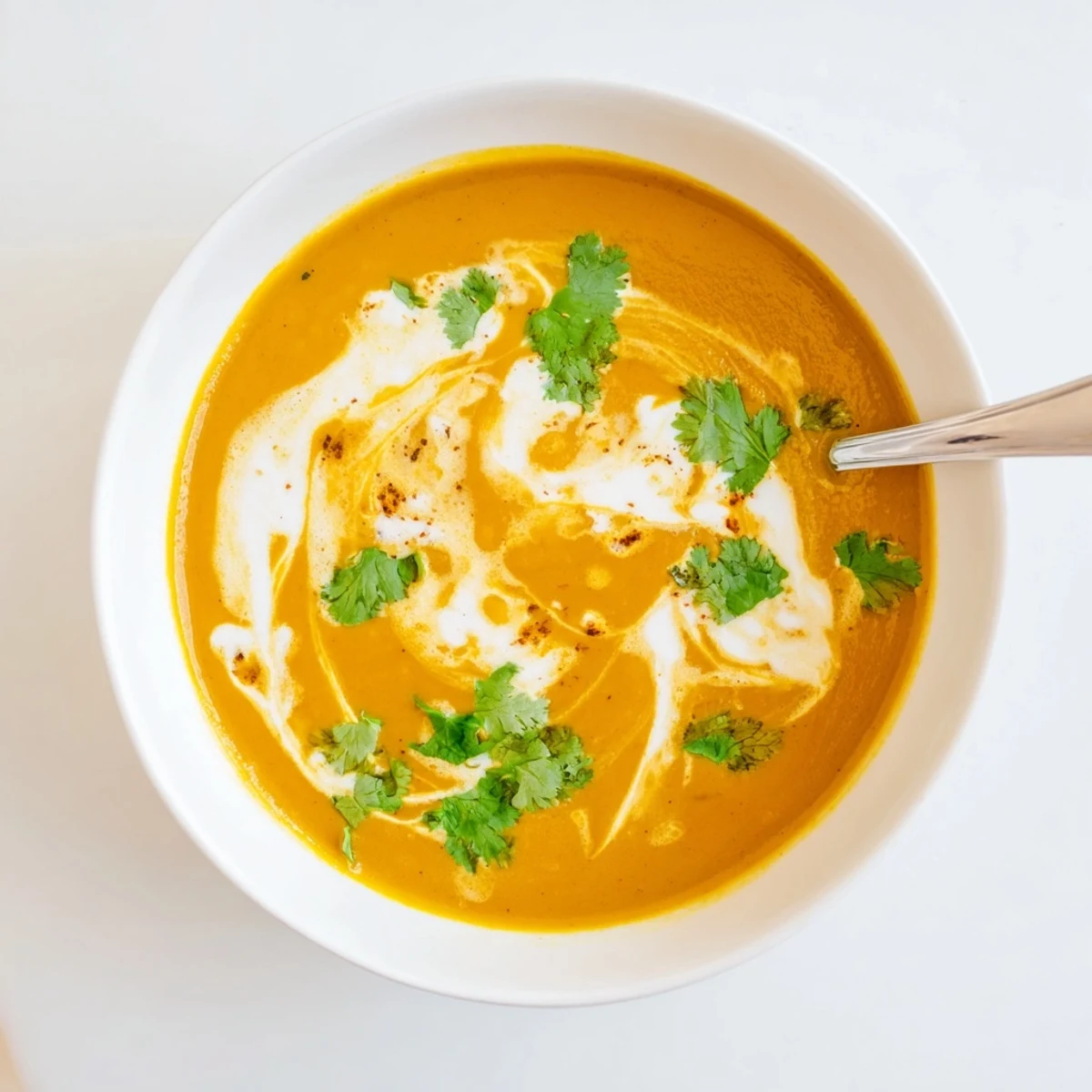 Steaming bowl of spicy apple soup recipe featuring smooth pureed texture and warming spices