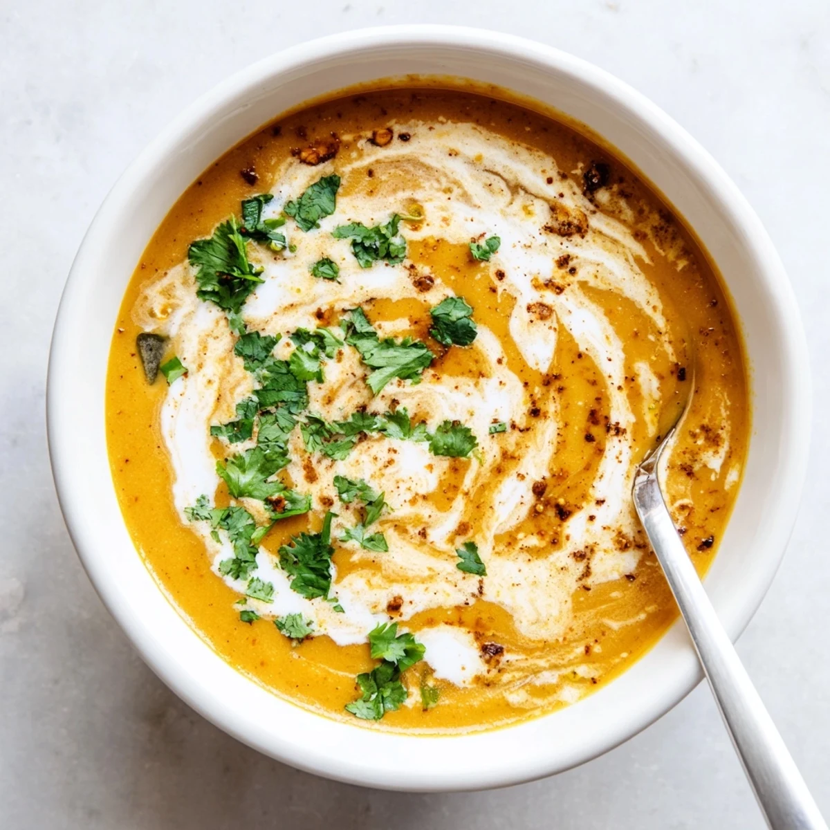 Creamy spicy apple soup recipe garnished with fresh herbs and coconut cream swirl