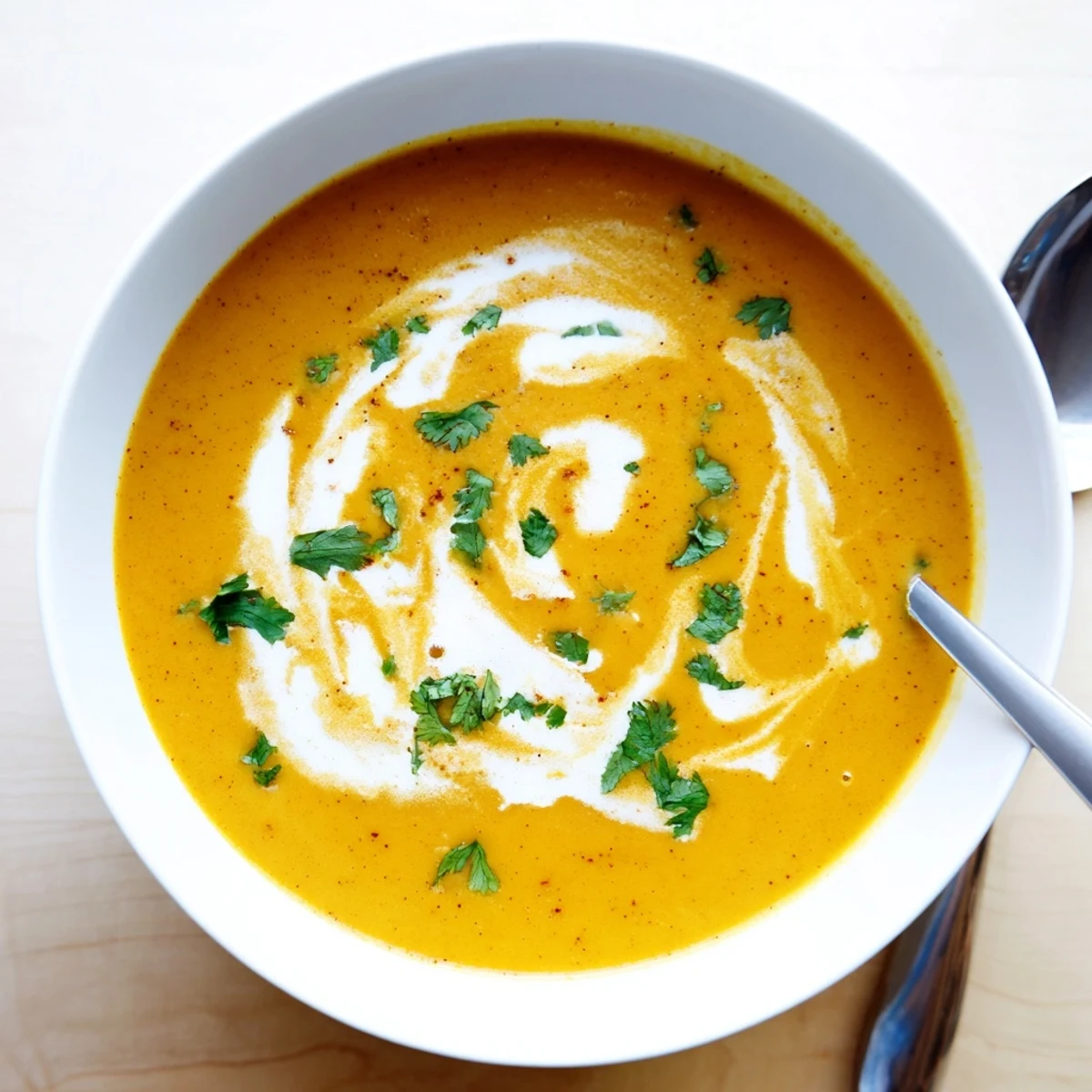 Homemade spicy apple soup recipe served hot with crusty bread and vibrant green garnish