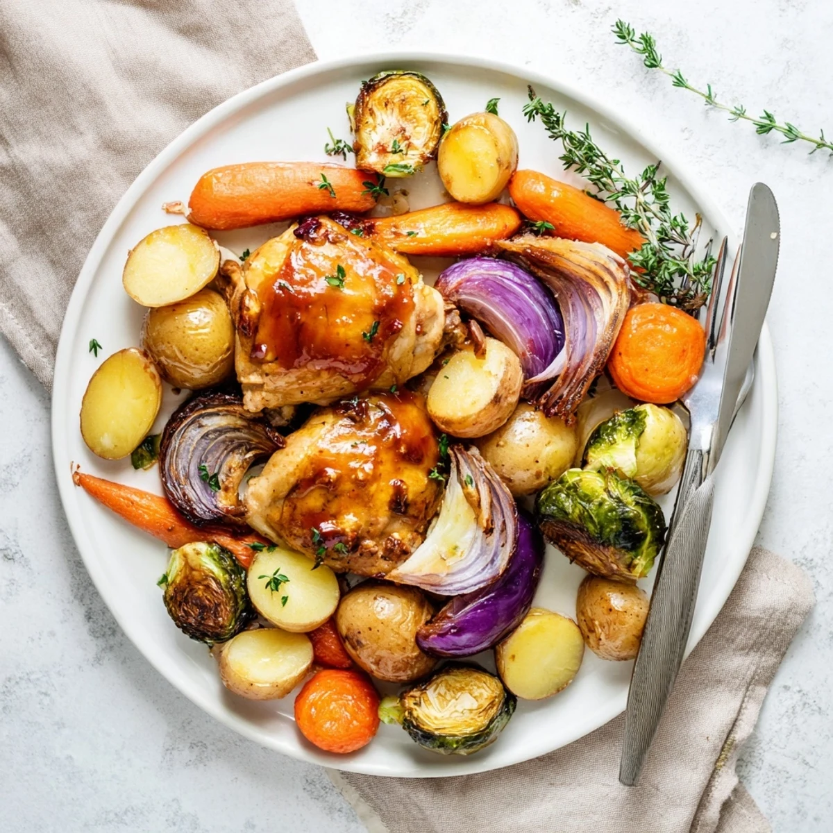 Golden glazed One Pan Honey Cranberry Chicken Veggies Dinner roasted on a single baking sheet