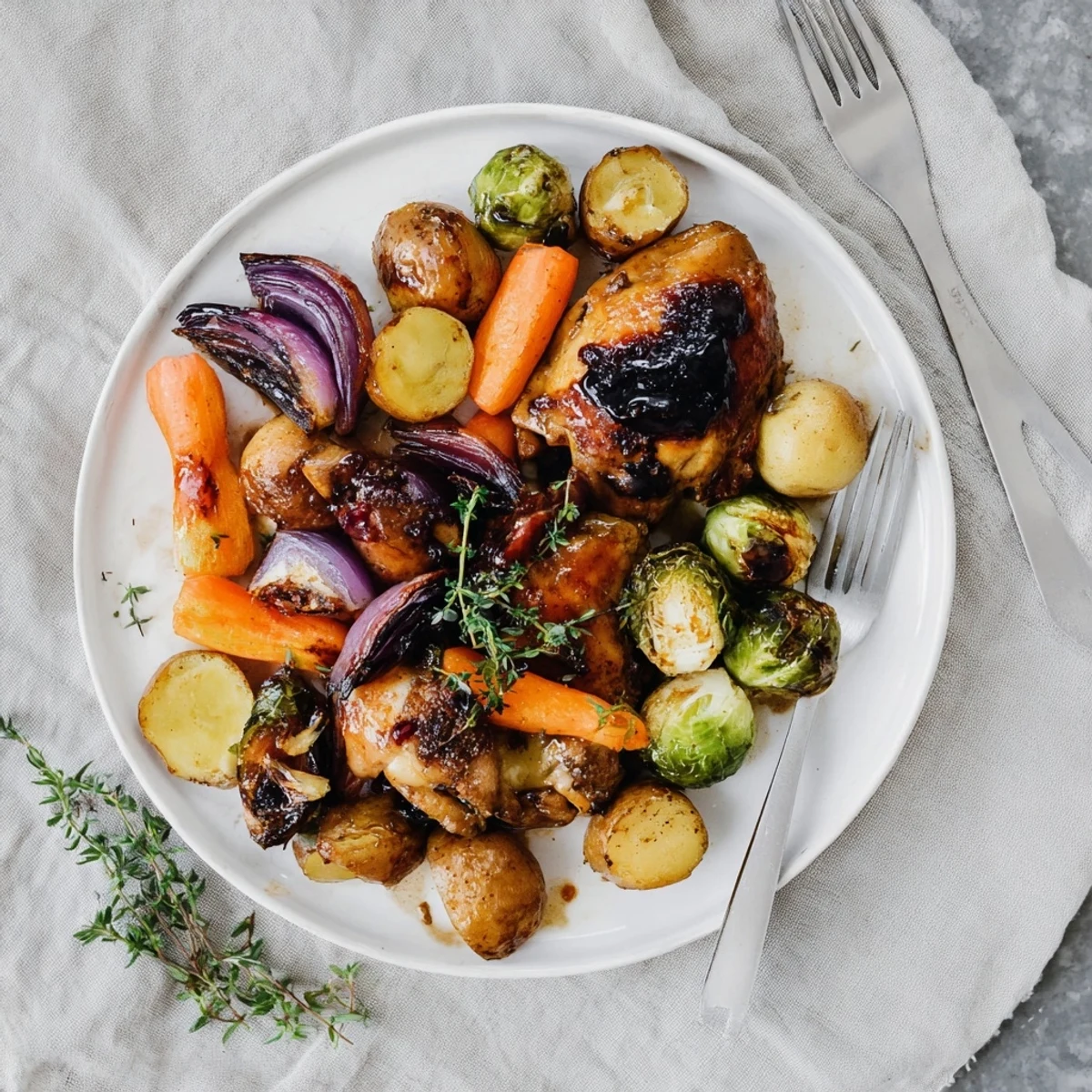 Juicy chicken breasts with honey cranberry glaze surrounded by tender roasted vegetables on parchment
