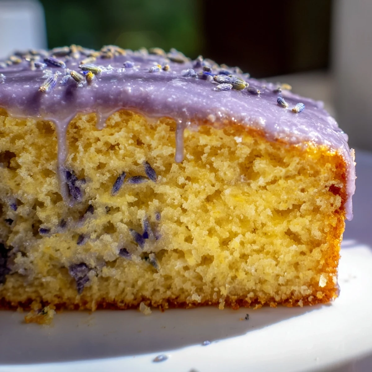 Lavender cake with lemon glaze drizzled over a tender golden crumb studded with purple buds