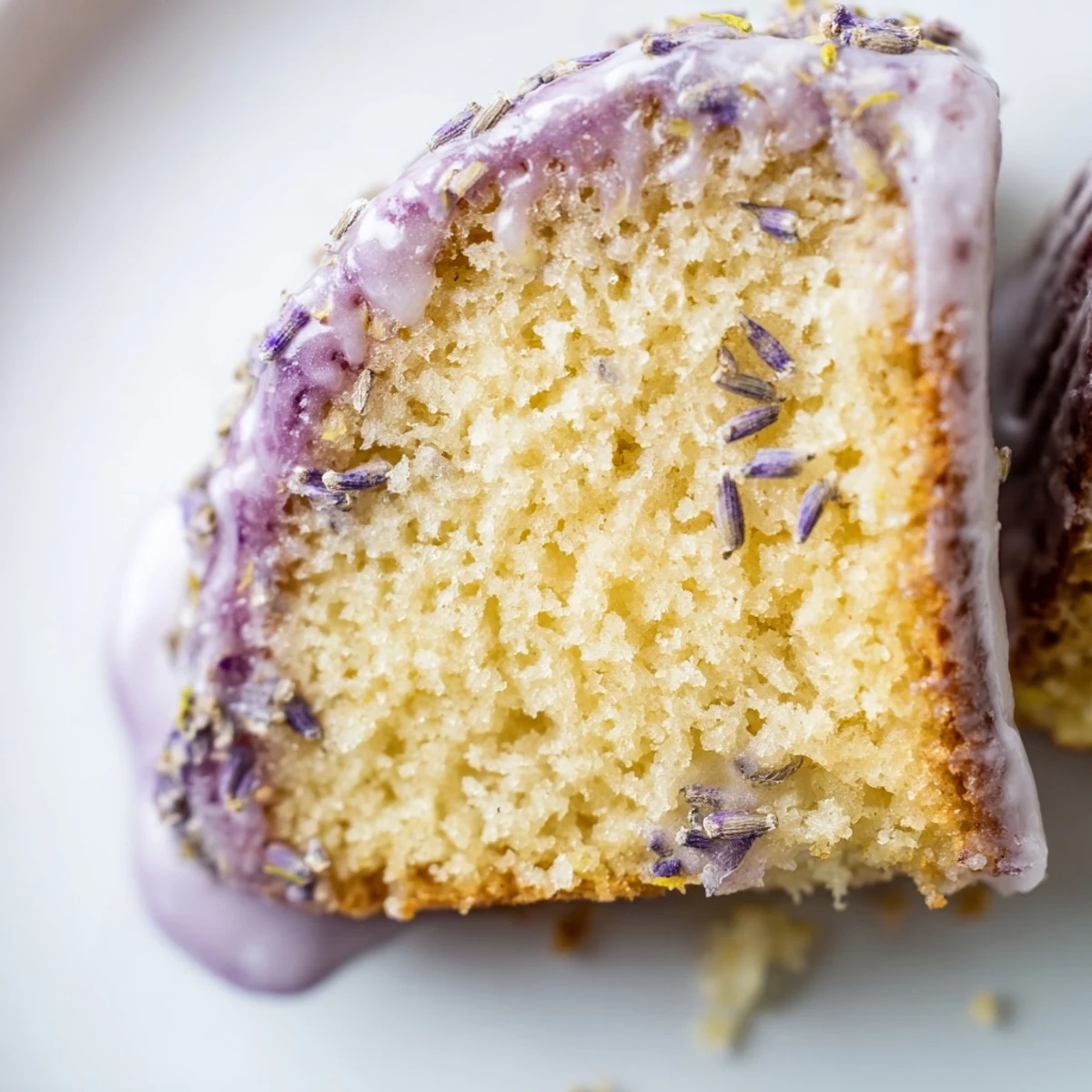 A slice of floral lavender cake topped with sweet citrus icing on a white plate