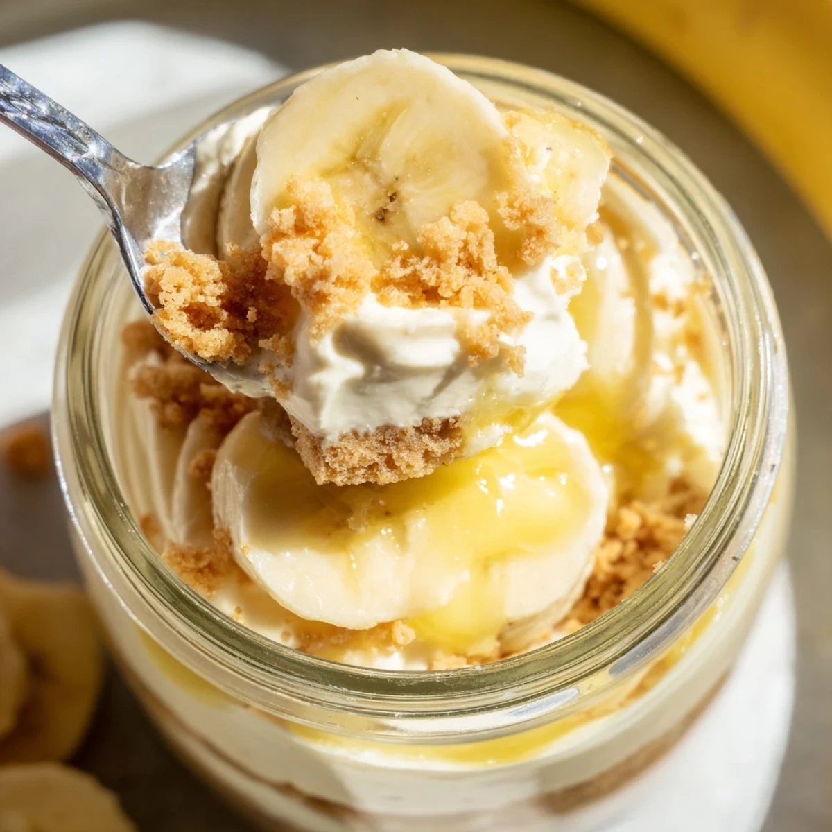 Individual no bake banana pudding cheesecake cups layered with smooth filling and crunchy cookie topping